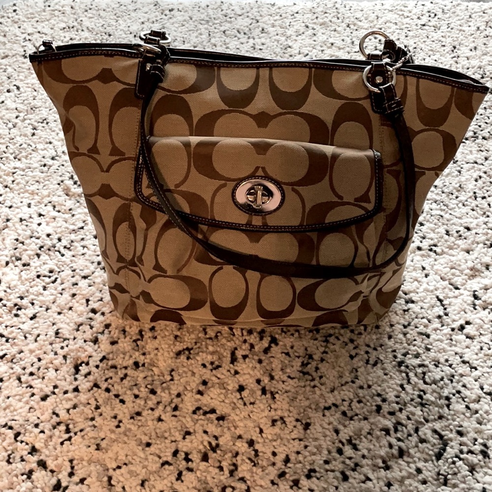 Coach Khaki and Dark Brown Signature LargeTote Bag